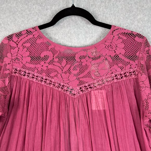 Free People One Pink Golden Age Lace Long Sleeve Open Back Top Size Medium - Picture 2 of 10